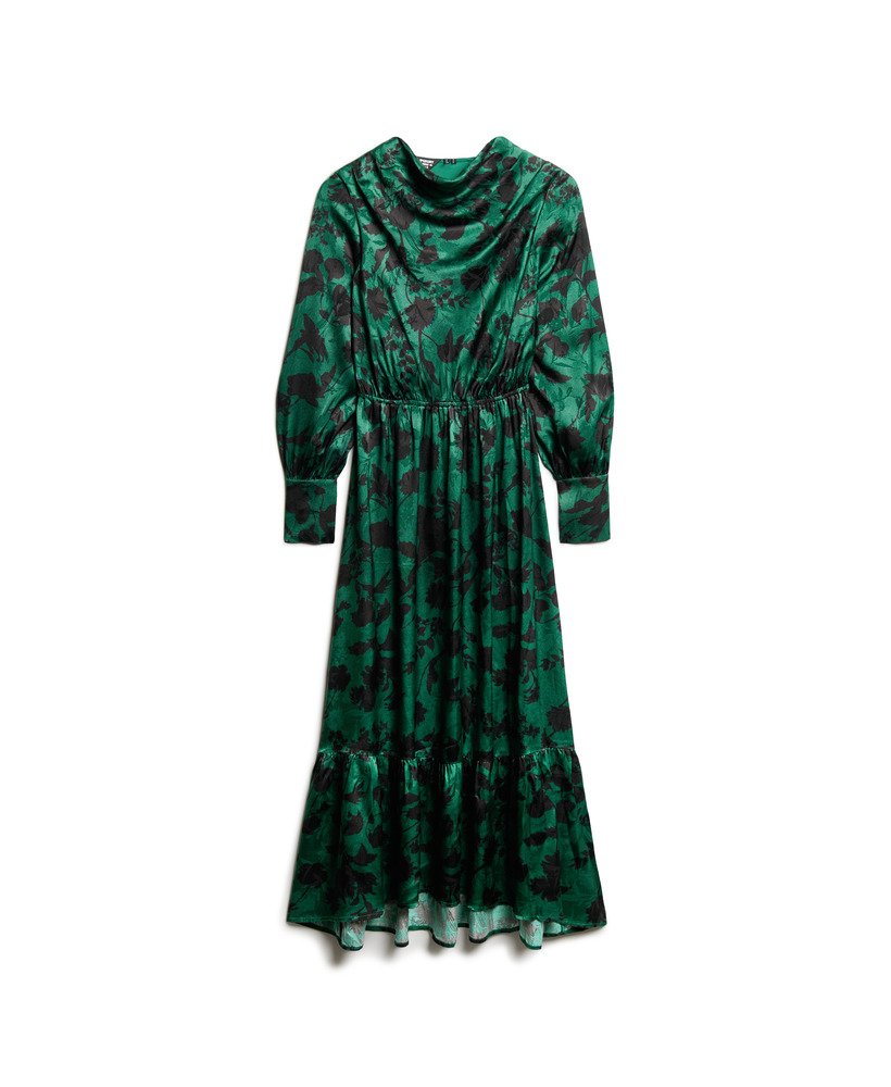 vestido longo jacquard com decote drapeado e estampa floral em tons de azul-petróleo.