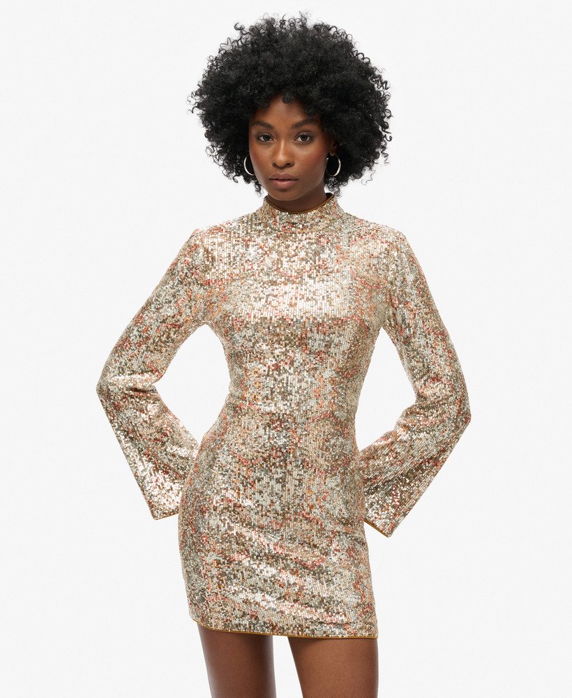 vestido curto de manga comprida com estampa de lantejoulas em padrão paisley.