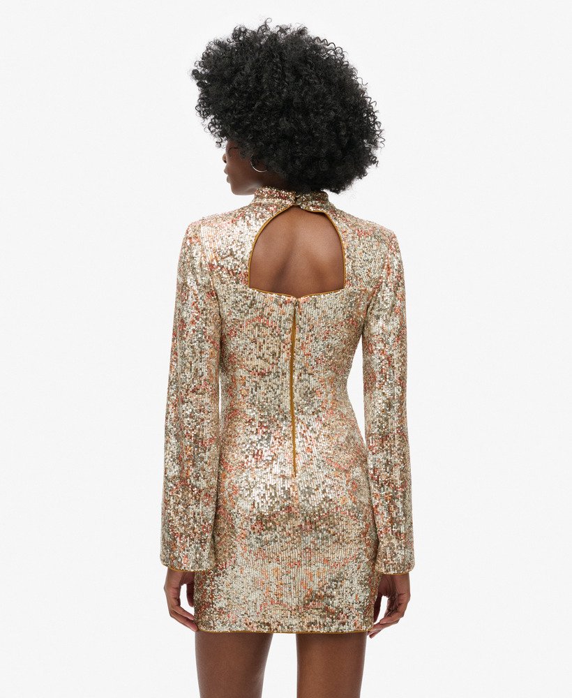 vestido curto de manga comprida com estampa de lantejoulas em padrão paisley.