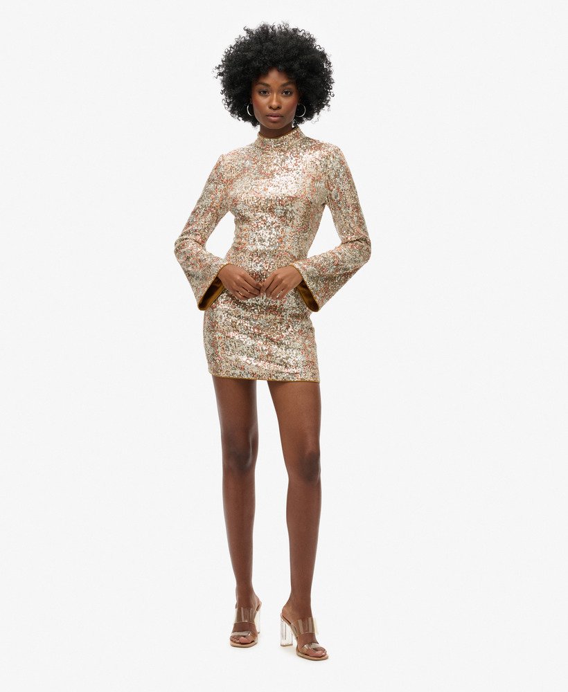 vestido curto de manga comprida com estampa de lantejoulas em padrão paisley.
