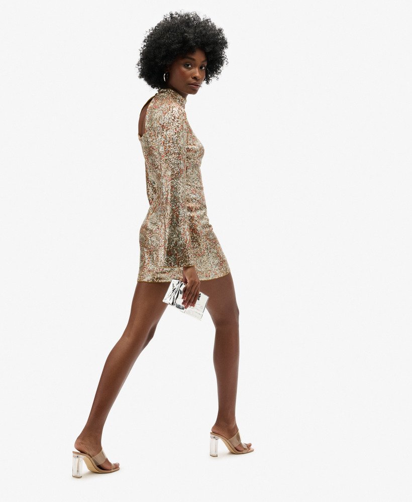 vestido curto de manga comprida com estampa de lantejoulas em padrão paisley.