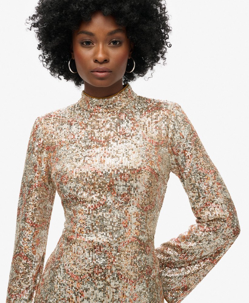 vestido curto de manga comprida com estampa de lantejoulas em padrão paisley.