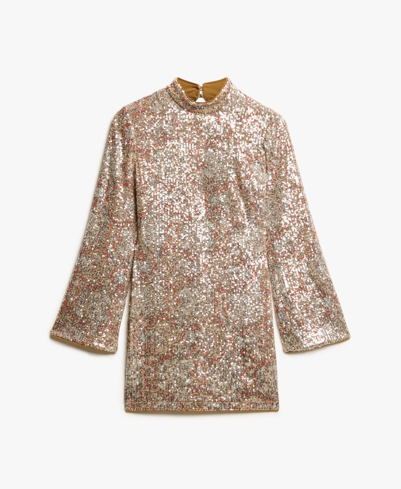 vestido curto de manga comprida com estampa de lantejoulas em padrão paisley.