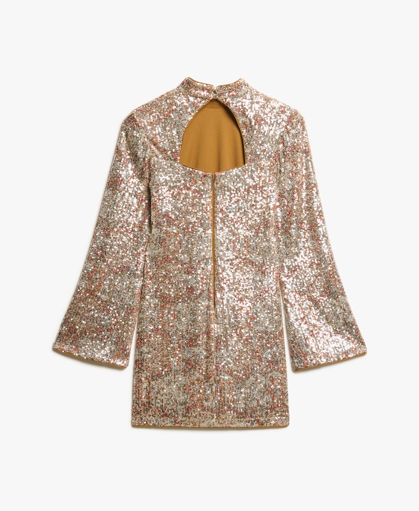 vestido curto de manga comprida com estampa de lantejoulas em padrão paisley.