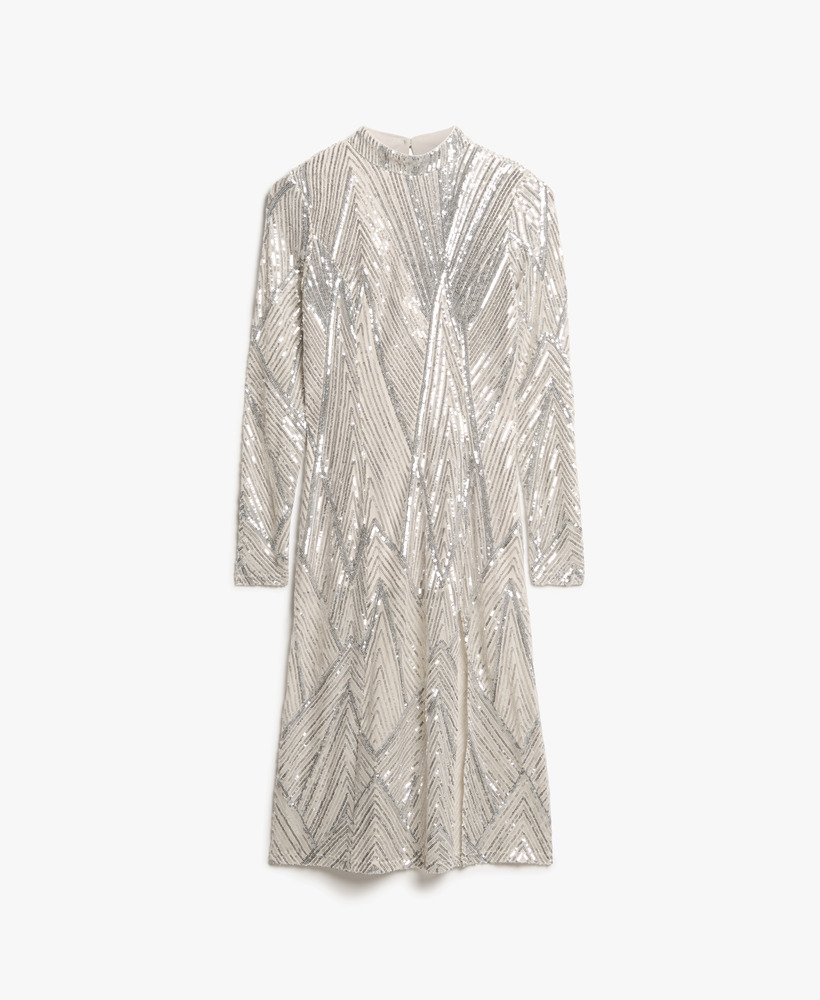 vestido midi de mangas compridas com decote nas costas e lantejoulas prateadas.