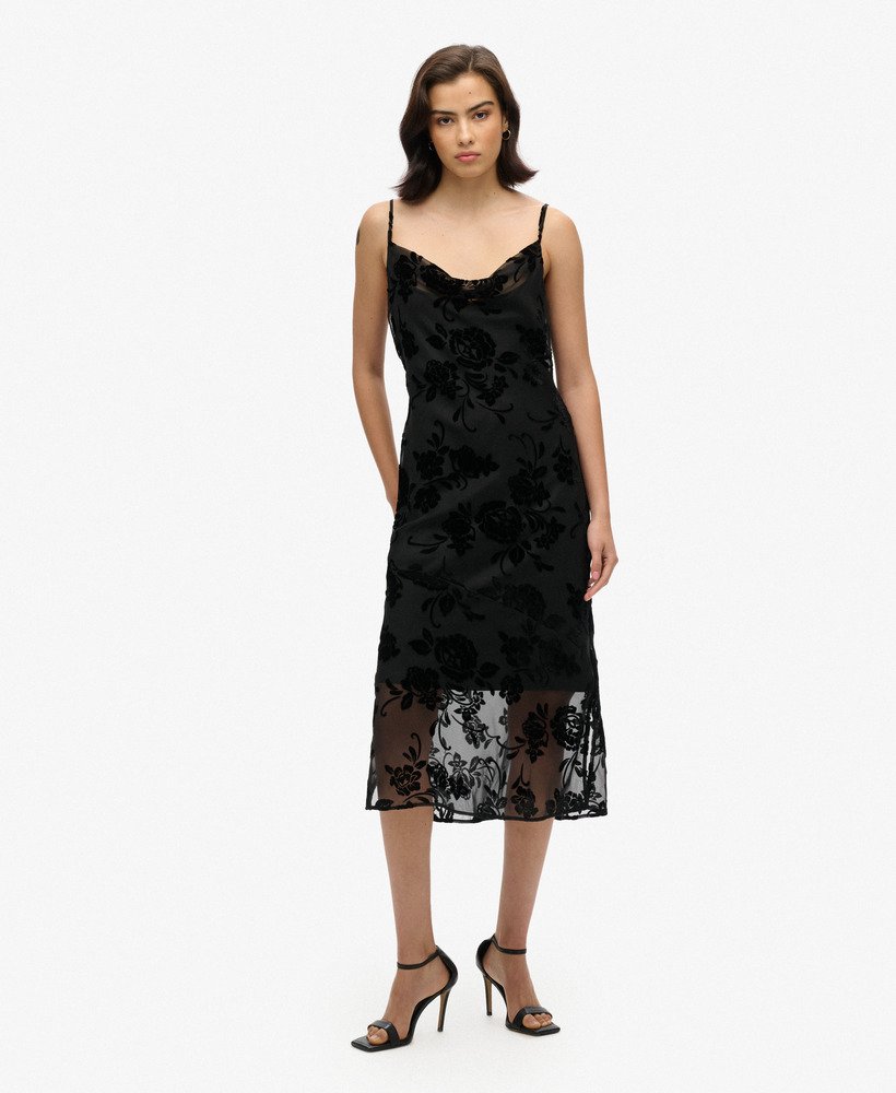 vestido midi de alças com decote drapeado em devorê floral preto.