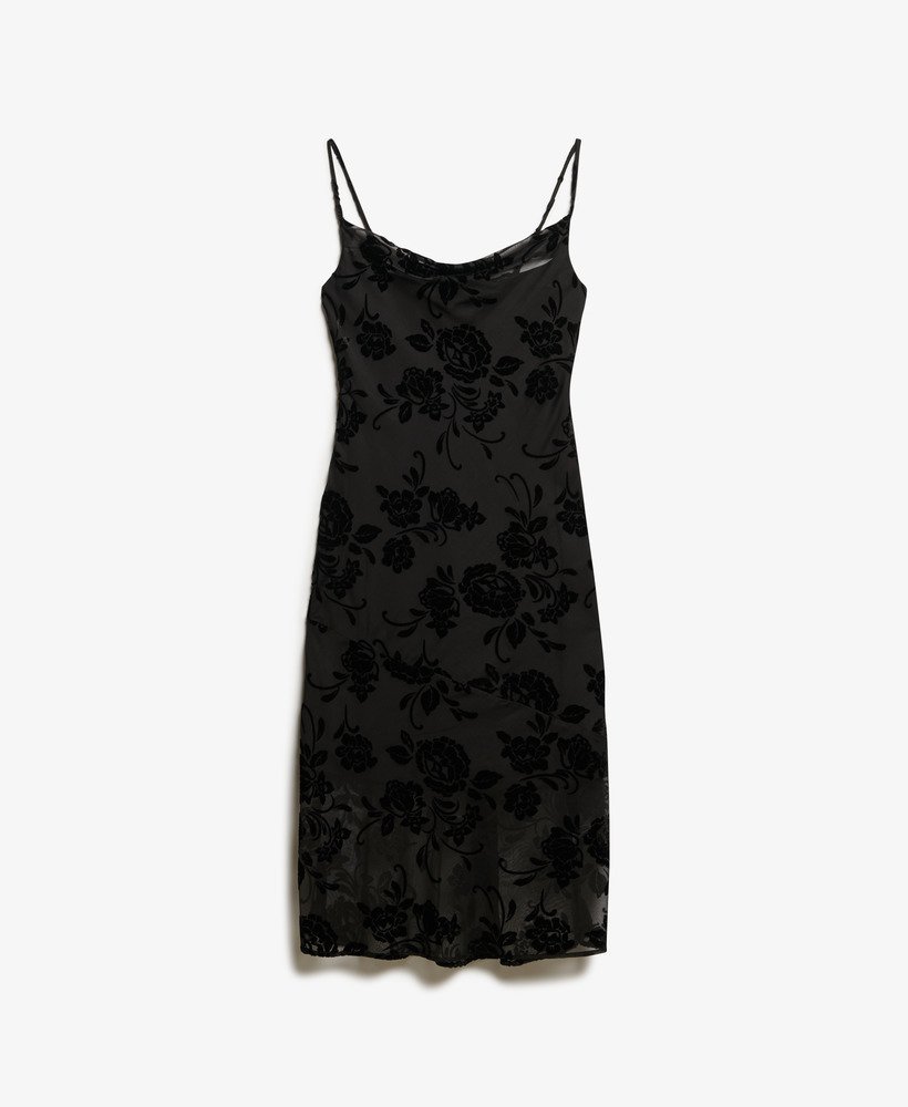 vestido midi de alças com decote drapeado em devorê floral preto.