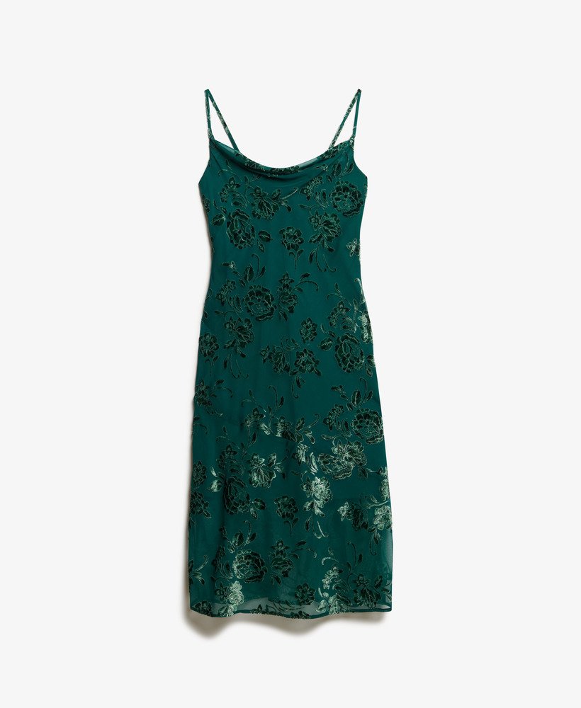 vestido midi de alças com decote drapeado em devorê floral verde.