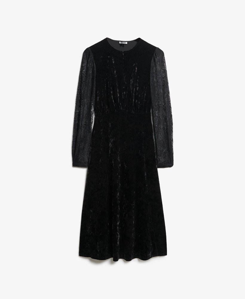 vestido midi de veludo com mangas de renda na cor preta.