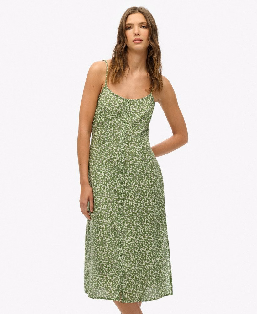Vestido midi de alcinha estampado com botões