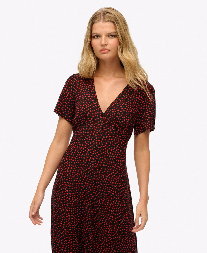 Vestido midi de chá estampado com botões e mangas curtas