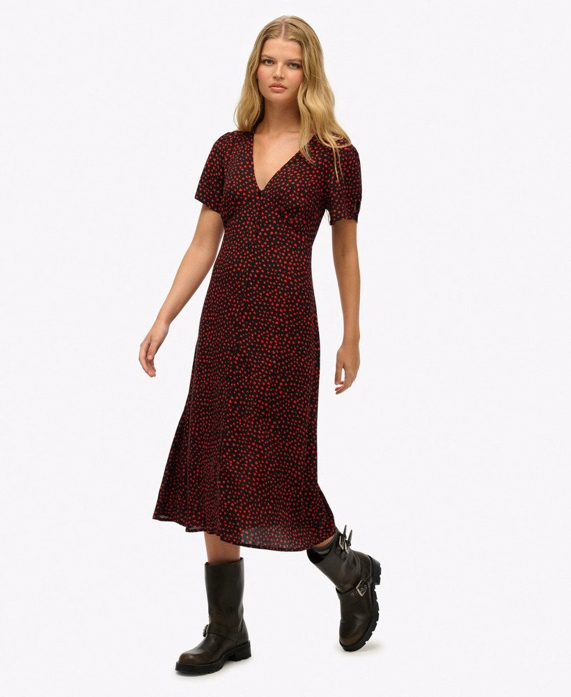 Vestido midi de chá estampado com botões e mangas curtas
