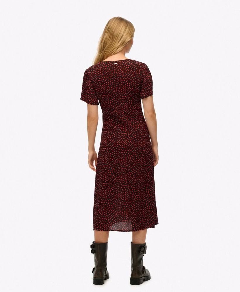 Vestido midi de chá estampado com botões e mangas curtas