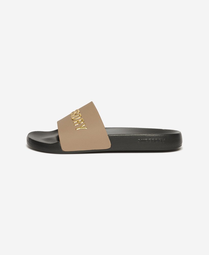 chinelo de piscina com logo vegano nas cores pretomarrom fóssildourado metálico