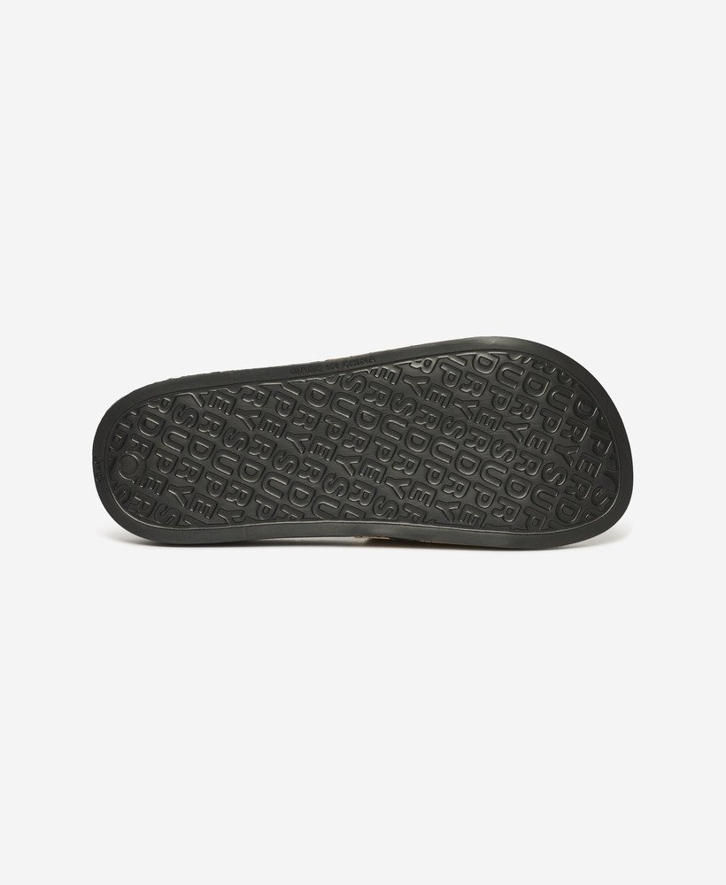 chinelo de piscina com logo vegano nas cores pretomarrom fóssildourado metálico
