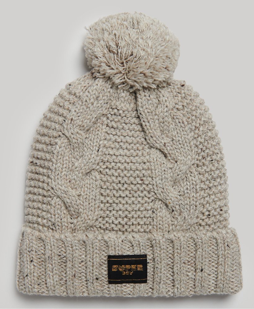 gorro de malha trançada em bege aveia com pintas