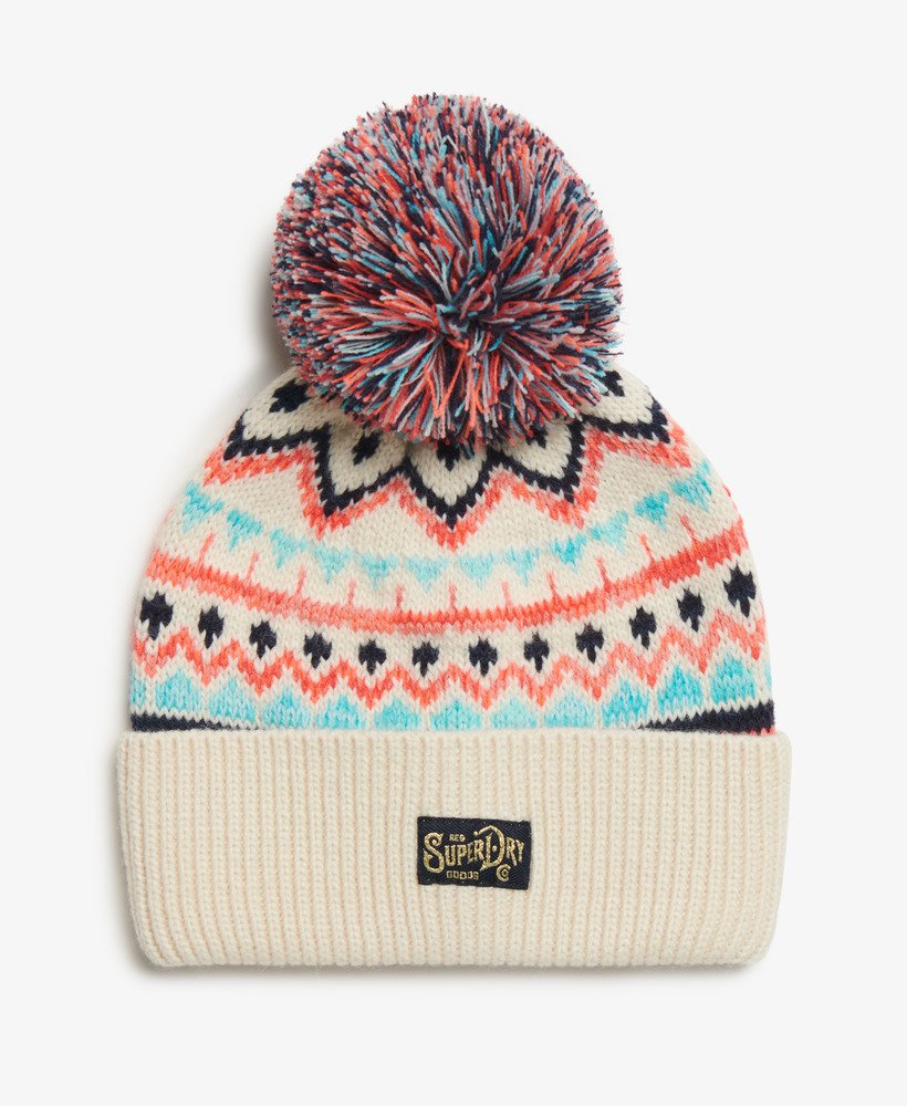 gorro de malha estampado em tom cru multicolorido.