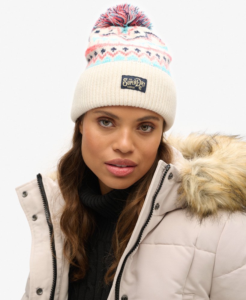 gorro de malha estampado em tom cru multicolorido.