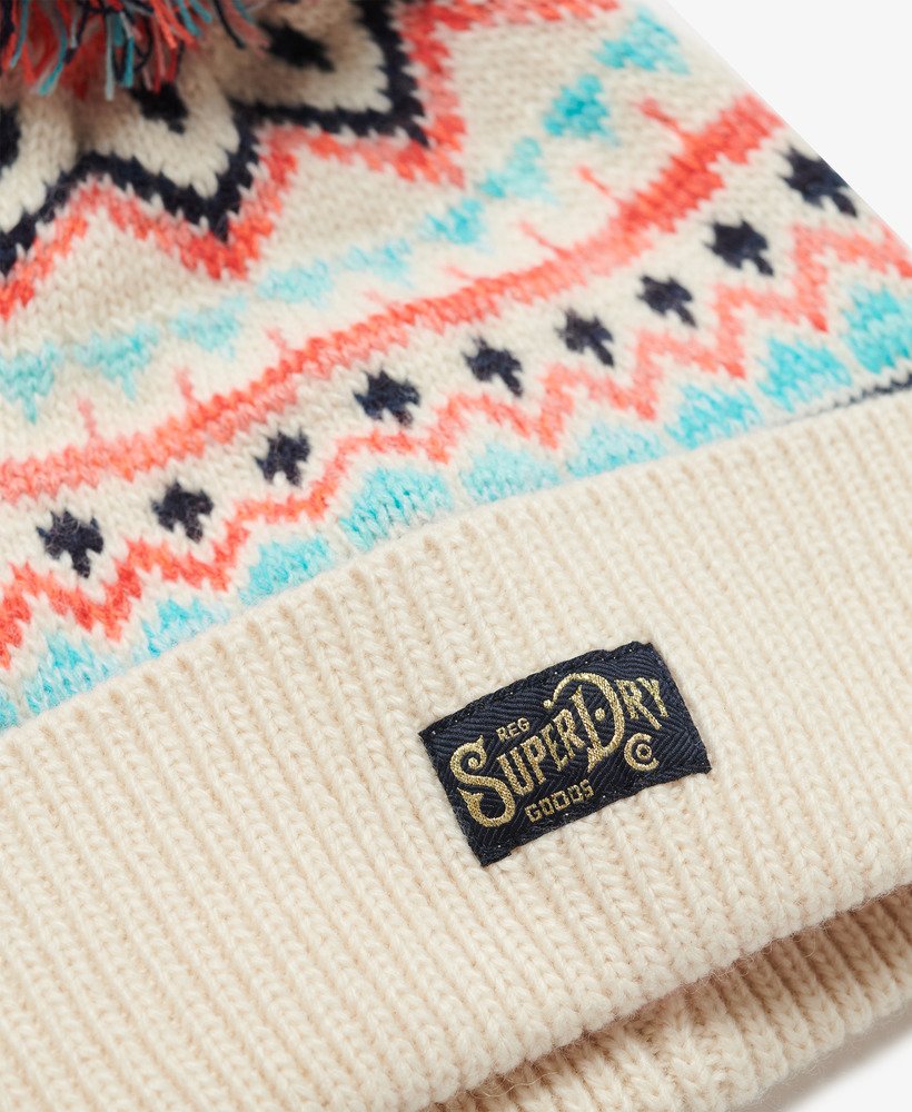 gorro de malha estampado em tom cru multicolorido.