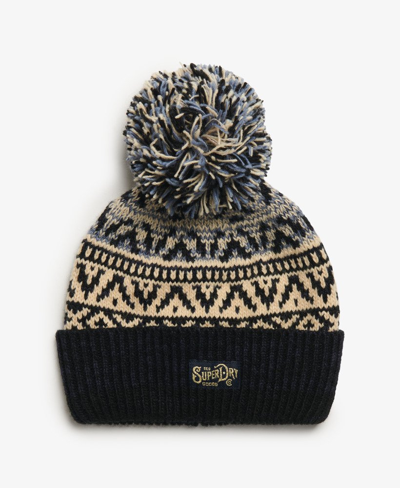 gorro de malha estampado em tom azul marinho.