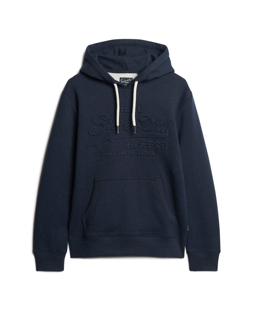 moletom com capuz com logo vintage em relevo nas cores azul-escuro e preto.