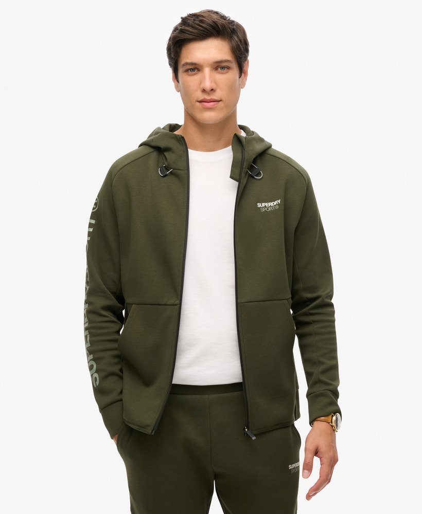 moletom com capuz e zíper sport tech logo loose na cor cáqui militar.