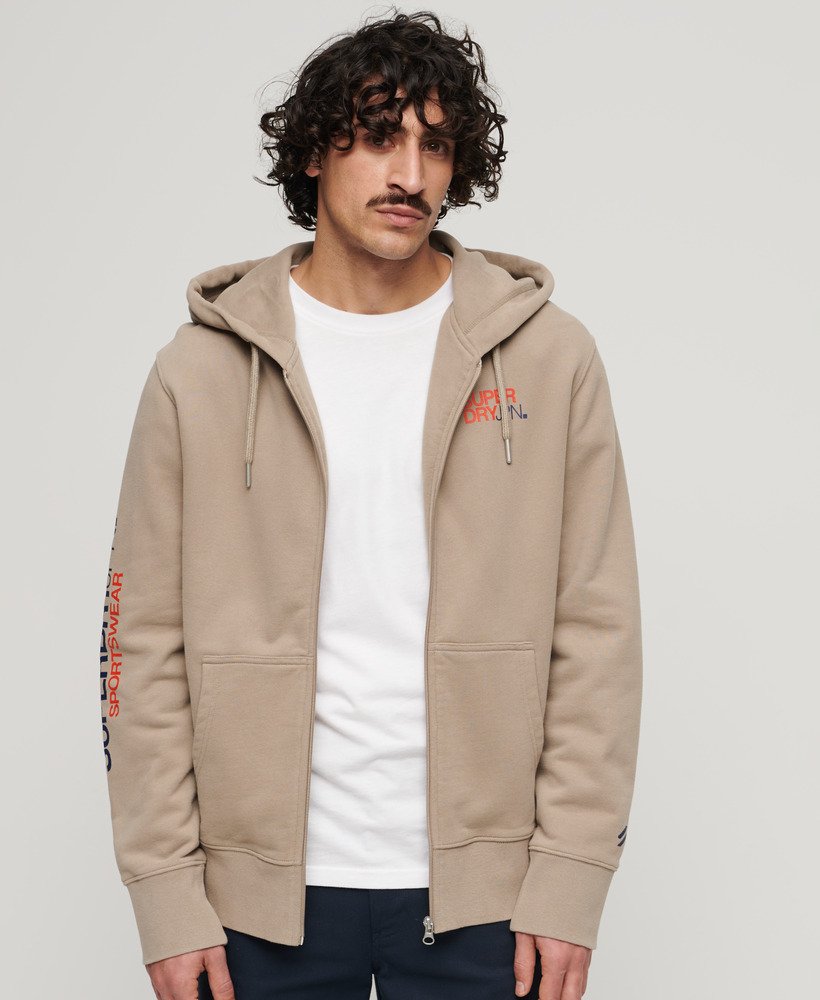 moletom com capuz e zíper estilo folgado com logo da sportswear em tecido texturizado bege escuro.