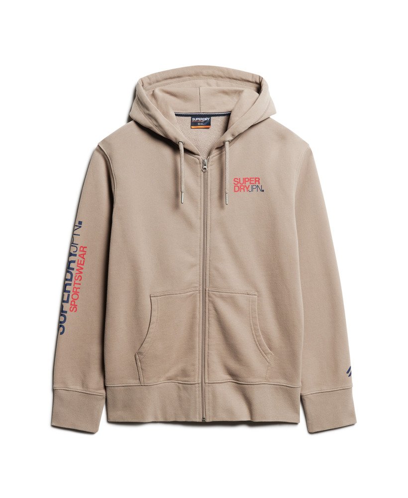 moletom com capuz e zíper estilo folgado com logo da sportswear em tecido texturizado bege escuro.