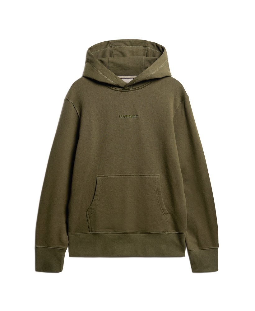 moletom folgado com capuz e estampa de micro logo na cor cáqui militar.