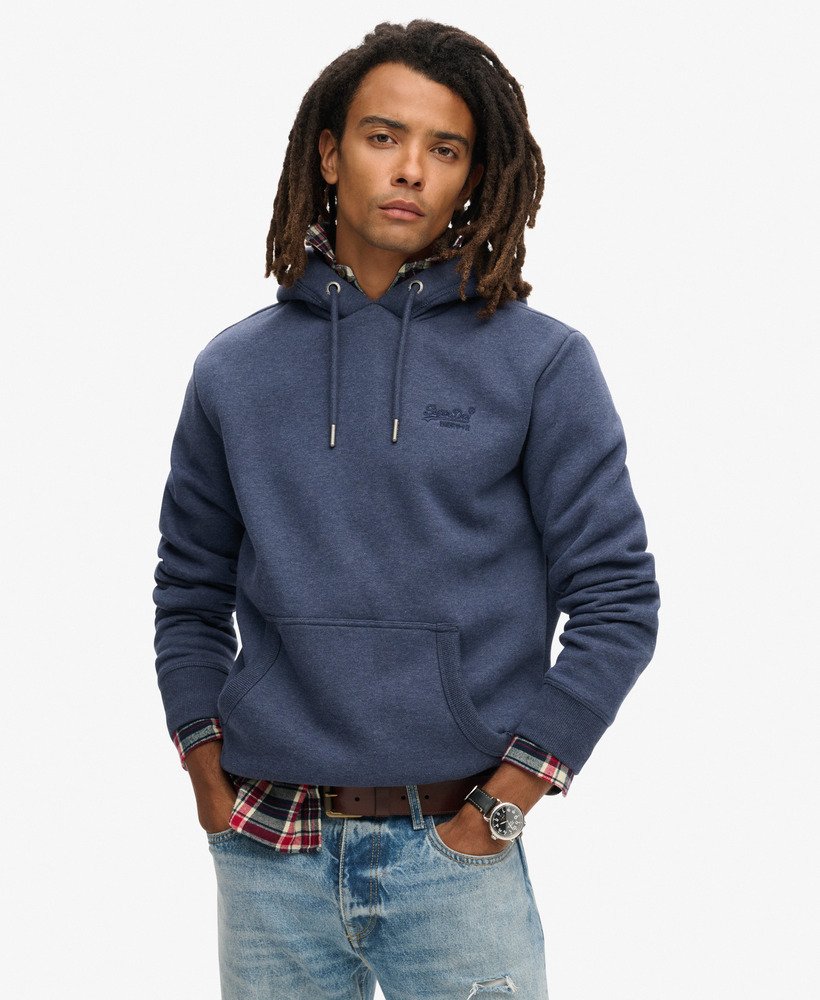 moletom com capuz essential logo na cor heritage navy mescla.