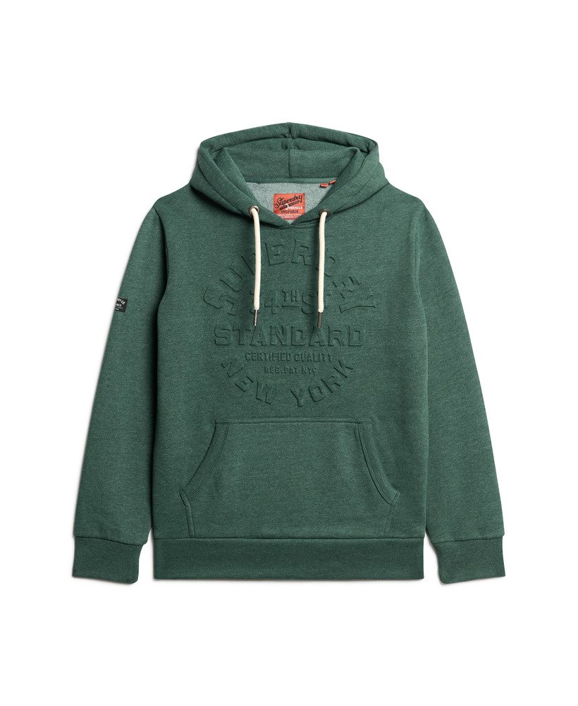 moletom com capuz e estampa de logo em relevo na cor verde mescla buck green.
