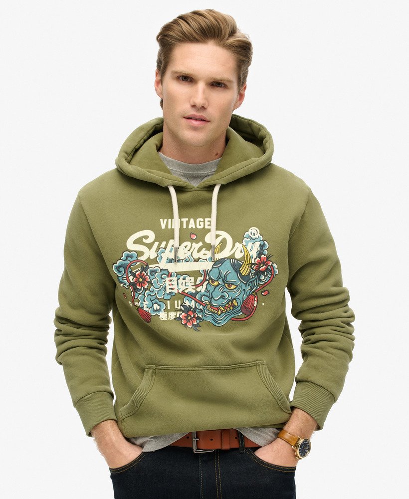 moletom com capuz tokyo vintage logo graphic em verde musgo suave