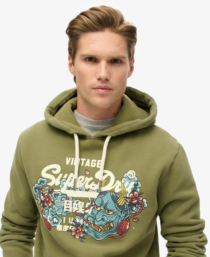 moletom com capuz tokyo vintage logo graphic em verde musgo suave
