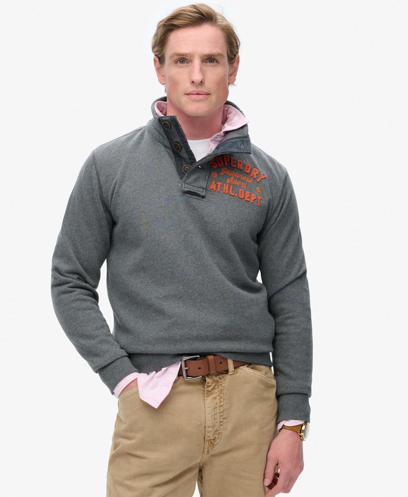 moletom vintage athletic com meio botão na cor cinza mesclado