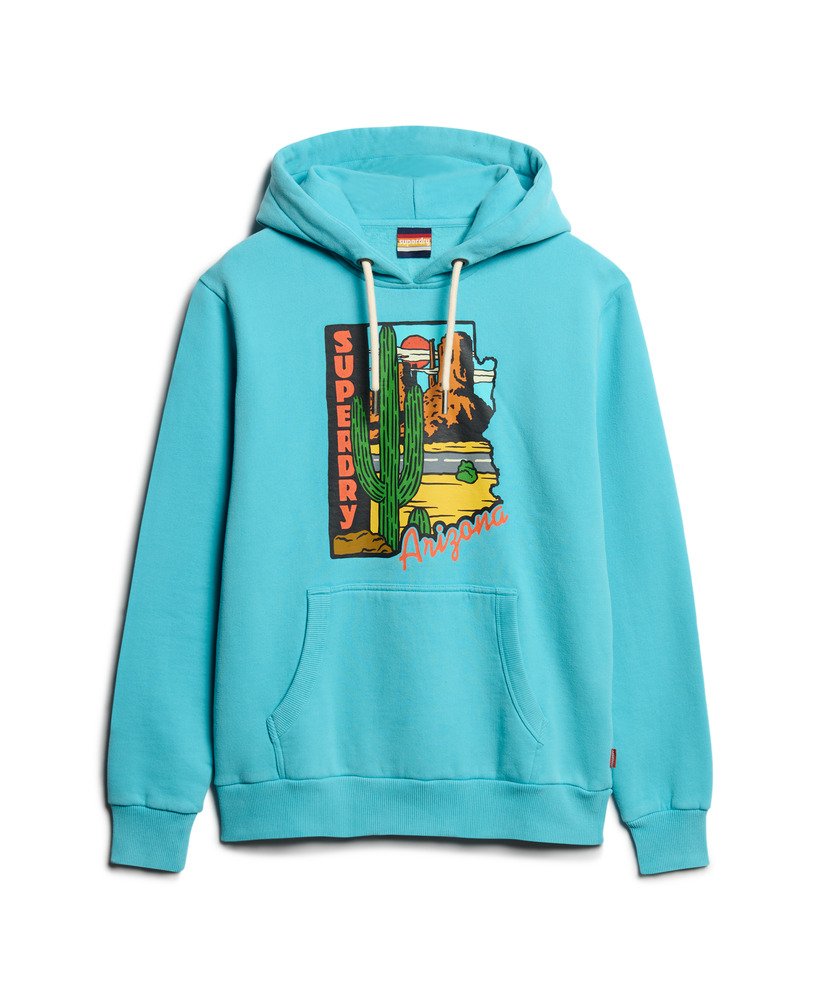 moletom com capuz estampado com cartão postal de viagem na cor azul maui