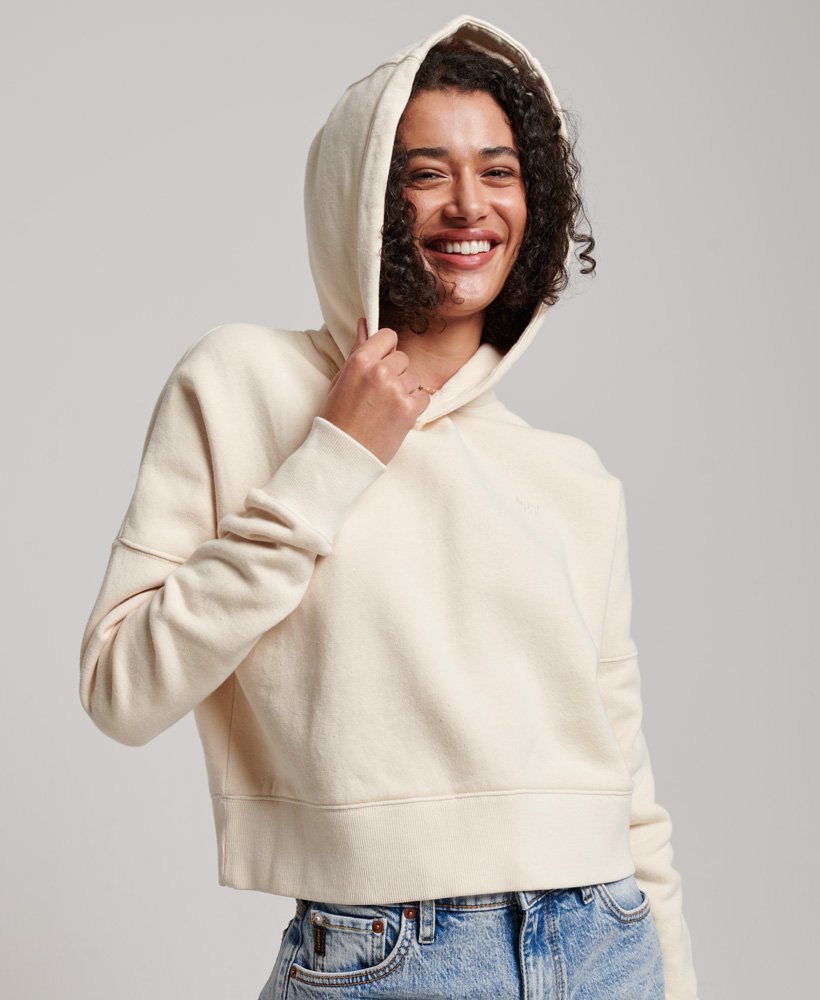 moletom cropped com lavagem especial na cor aveia.