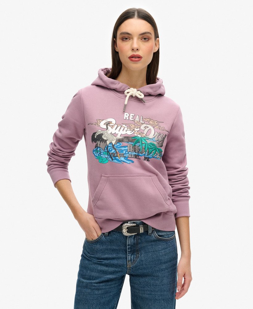 moletom com capuz e estampa vintage japonesa com logo na cor lilás dazed.