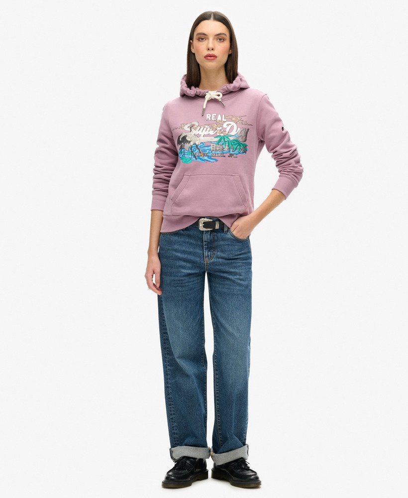 moletom com capuz e estampa vintage japonesa com logo na cor lilás dazed.