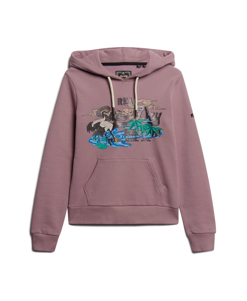 moletom com capuz e estampa vintage japonesa com logo na cor lilás dazed.