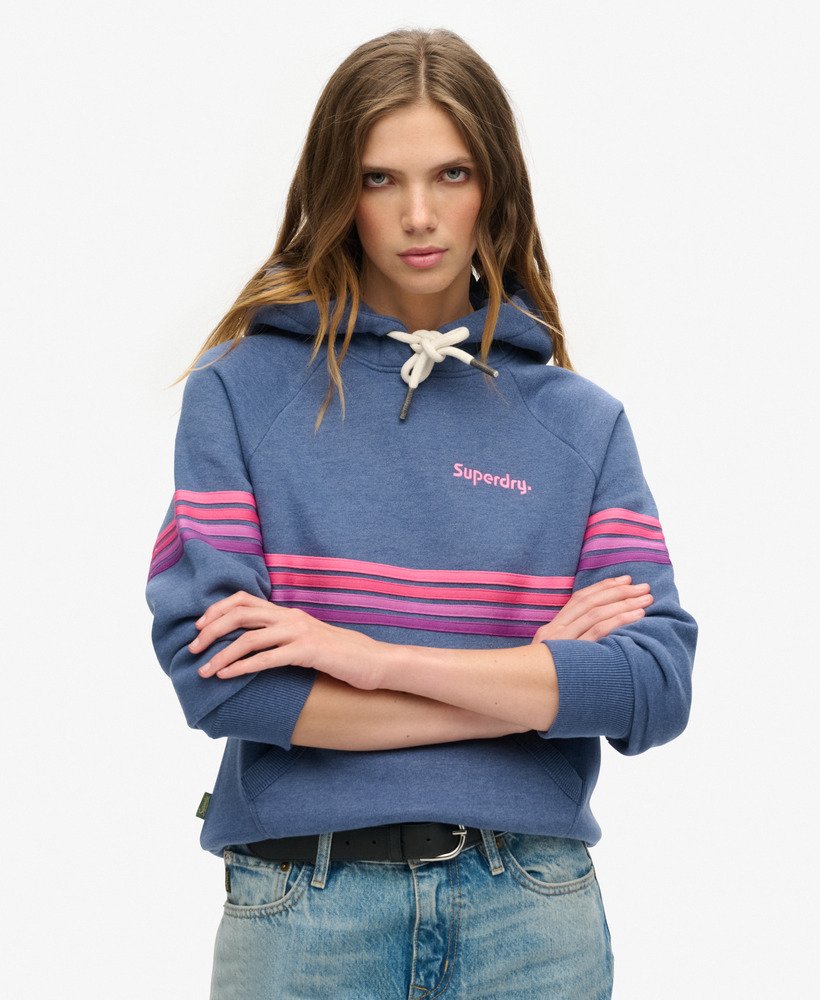 moletom com capuz e logo rainbow stripe em jeans azul mesclado.