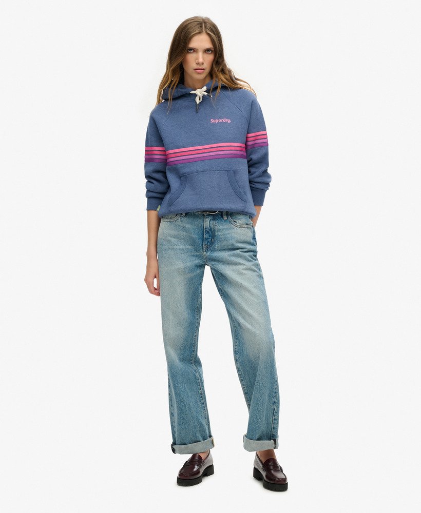 moletom com capuz e logo rainbow stripe em jeans azul mesclado.