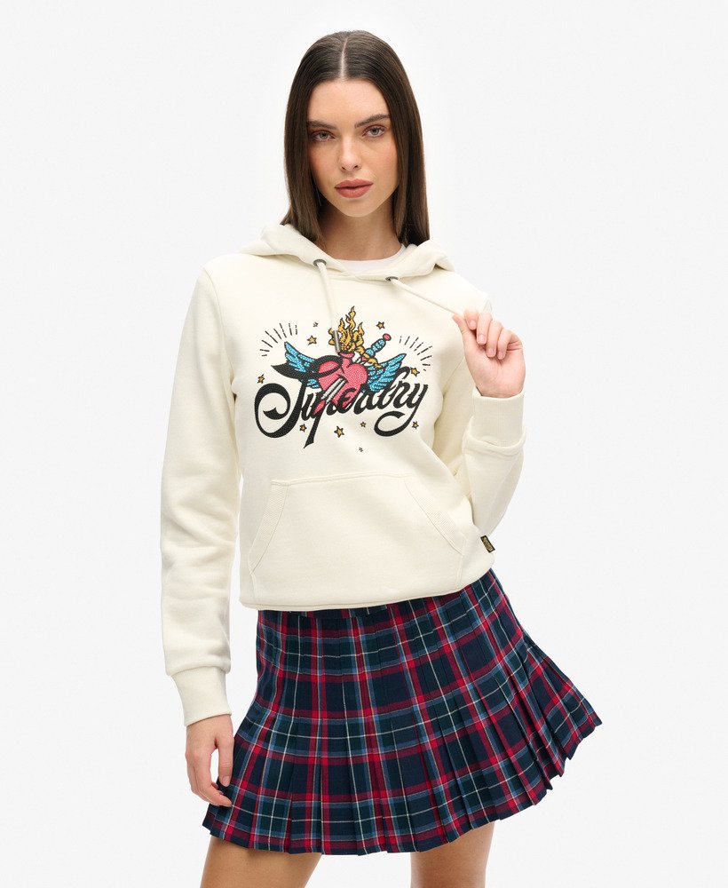moletom com capuz estampado com escrita de tatuagem na cor creme