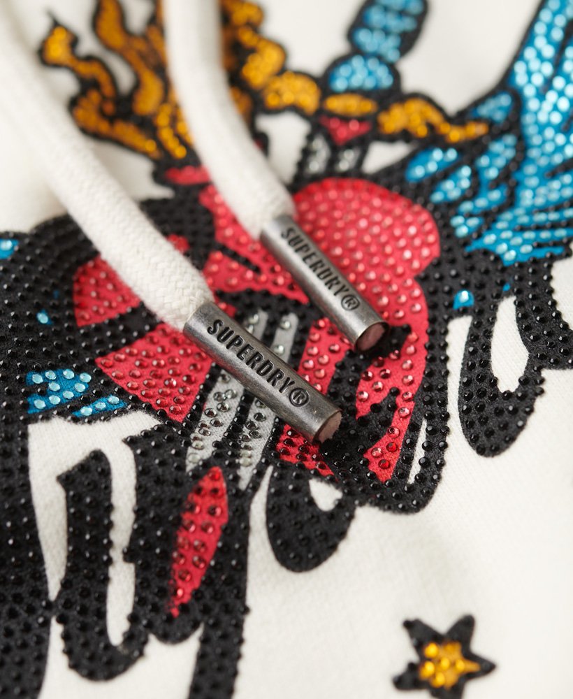 moletom com capuz estampado com escrita de tatuagem na cor creme