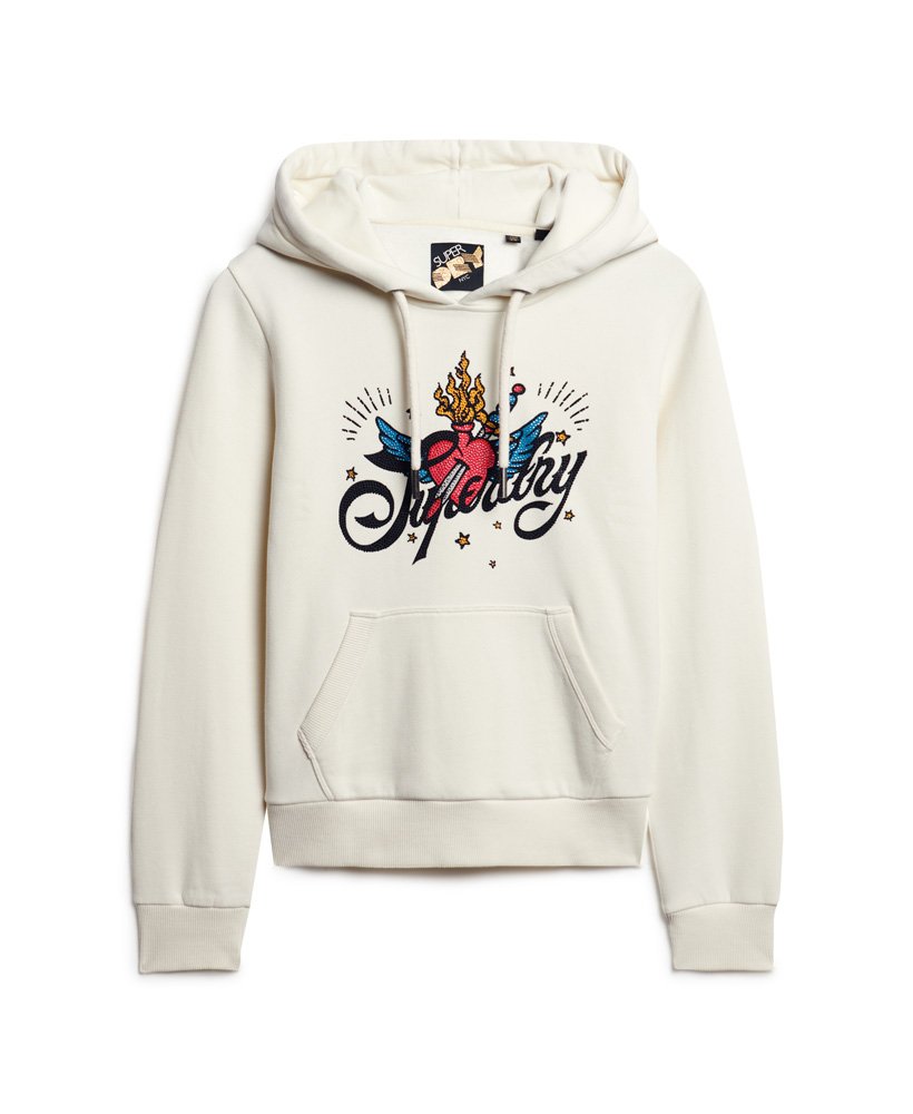 moletom com capuz estampado com escrita de tatuagem na cor creme