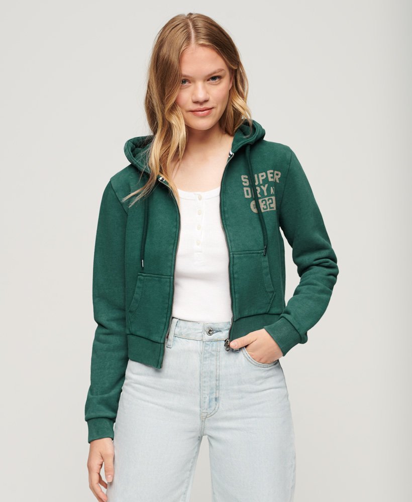 moletom cropped com zíper athletic essentials na cor verde pinho escuro