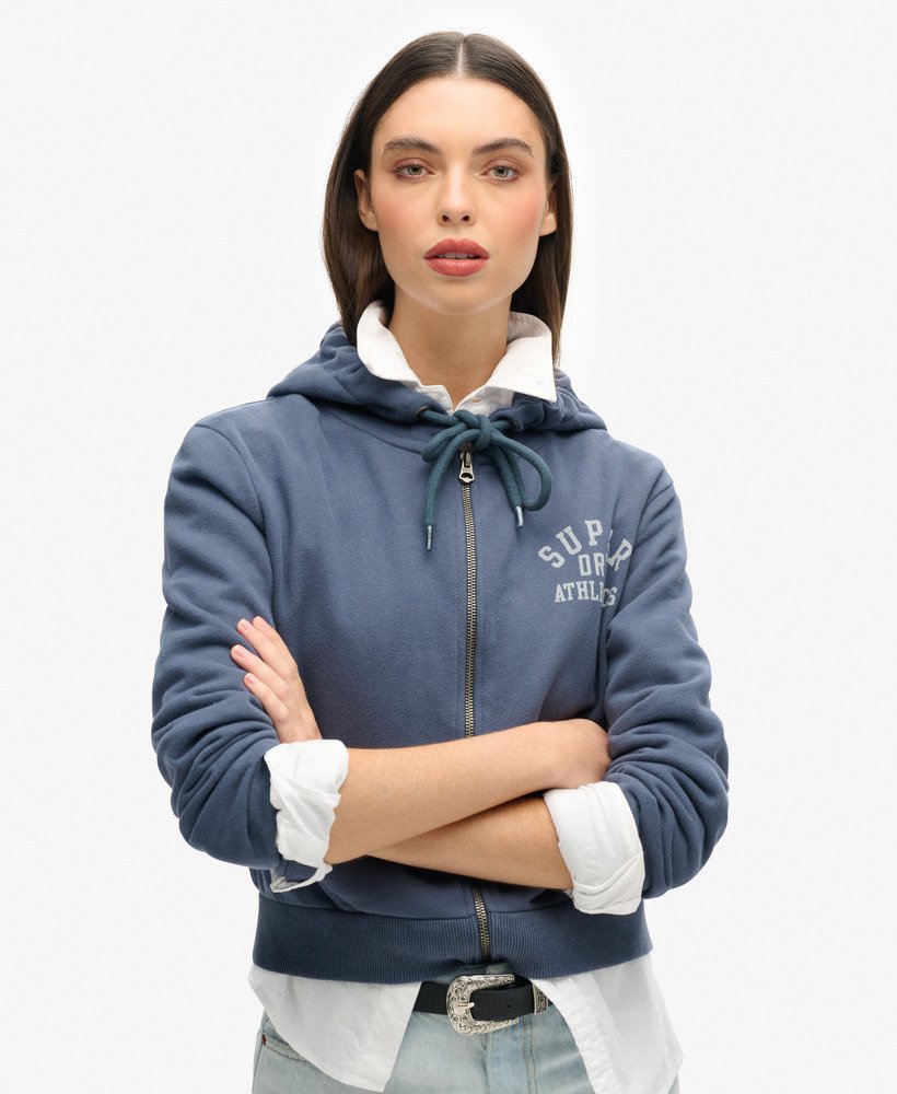 moletom cropped com zíper athletic essentials na cor azul atlético