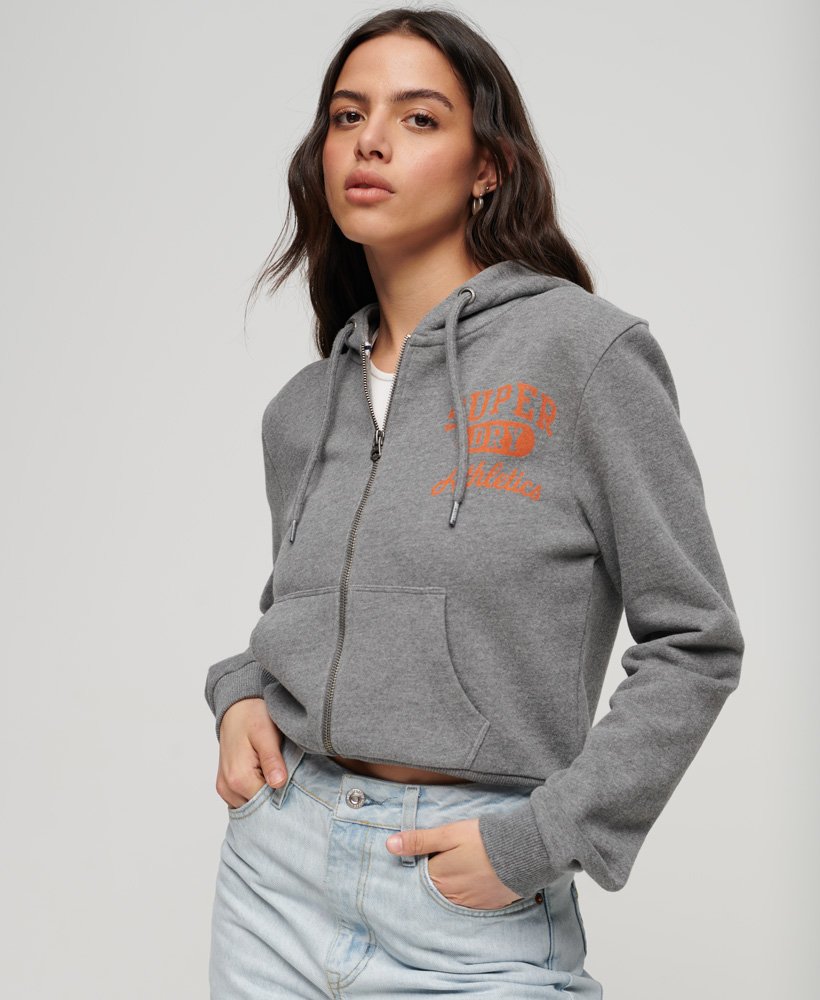 moletom com capuz e zíper athletic essentials na cor cinza escuro mesclado.