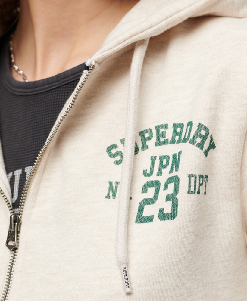 moletom cropped com zíper athletic essentials na cor bege mesclado.