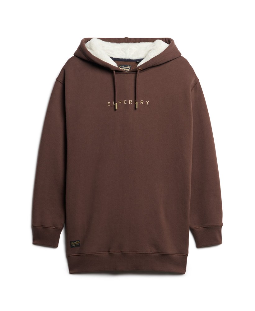 vestido com capuz luxuoso com logo metálico na cor marrom torrado francês