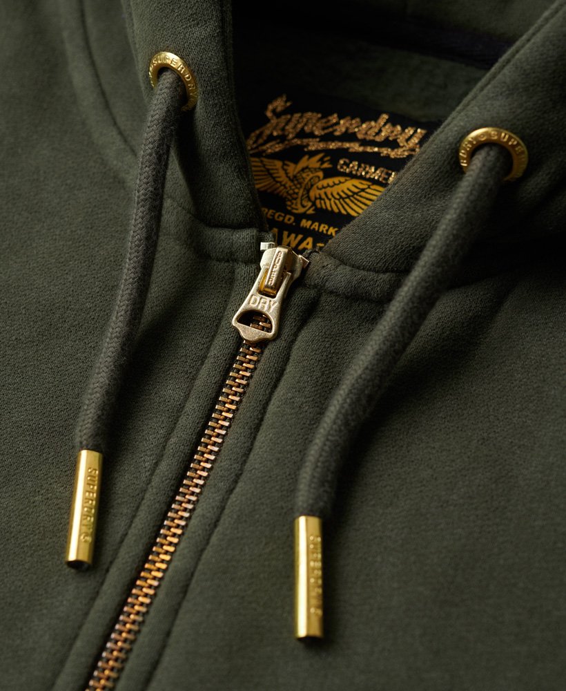 moletom com zíper e detalhes em strass na cor cáqui militar.